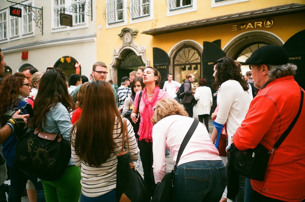 Tour guide Ursula  leads Point Park students through Salzburg streets. 