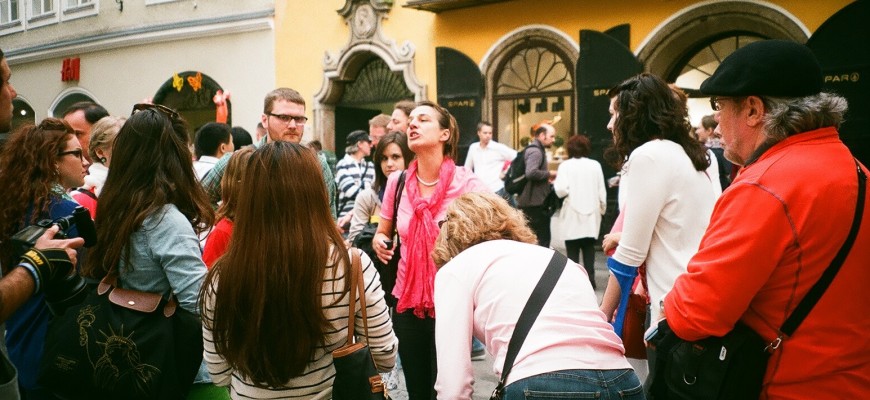 Tour guide Ursula  leads Point Park students through Salzburg streets.